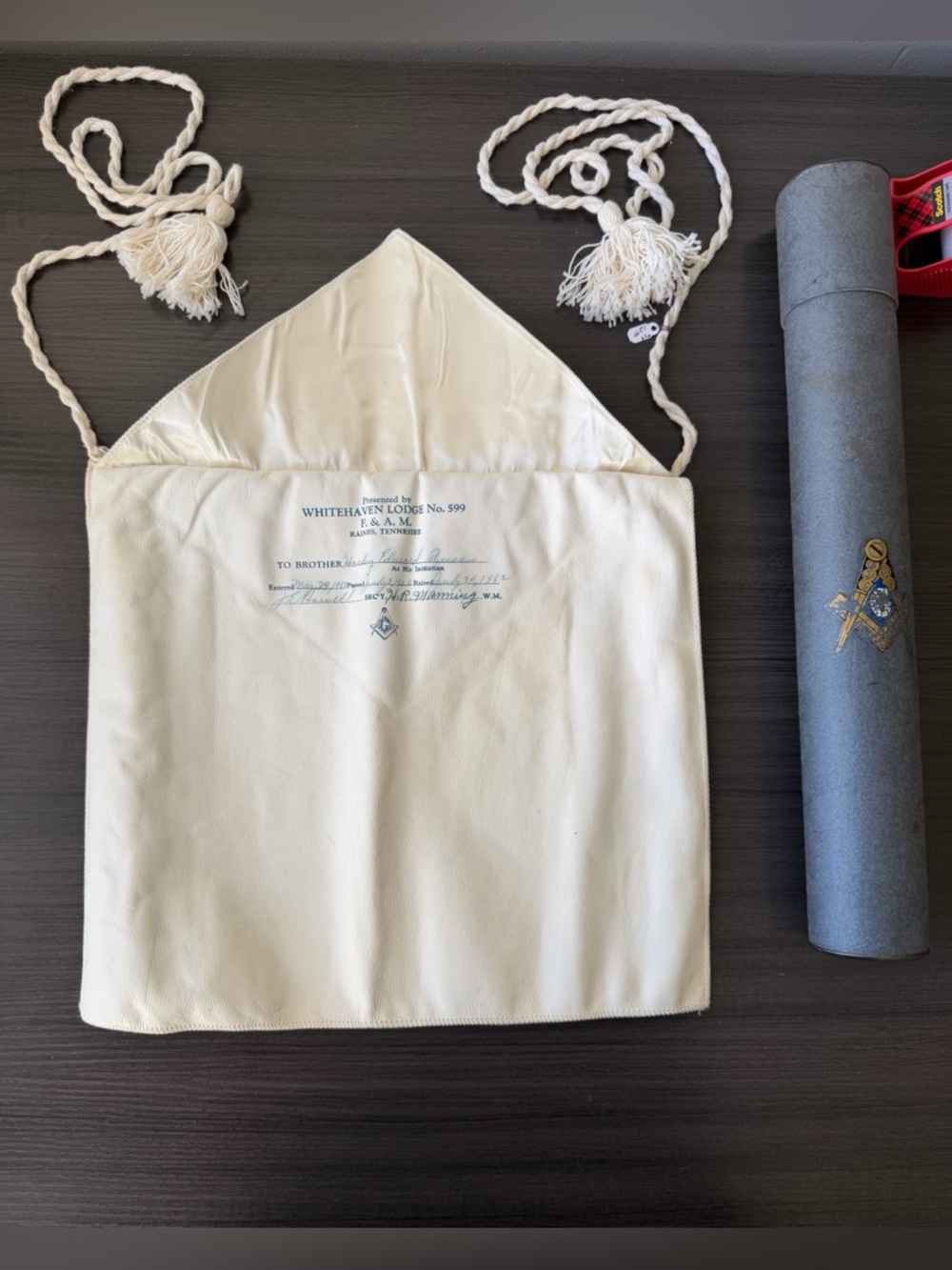 Vintage Masonic Apron White Leather Whitehaven Lodge No. 599 TN Freemason Collec